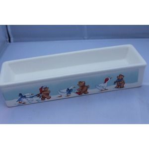 House Of Lloyd Bear And Duck Milk Glass-Cracker Dish-Bear Goose Snow Play VTG